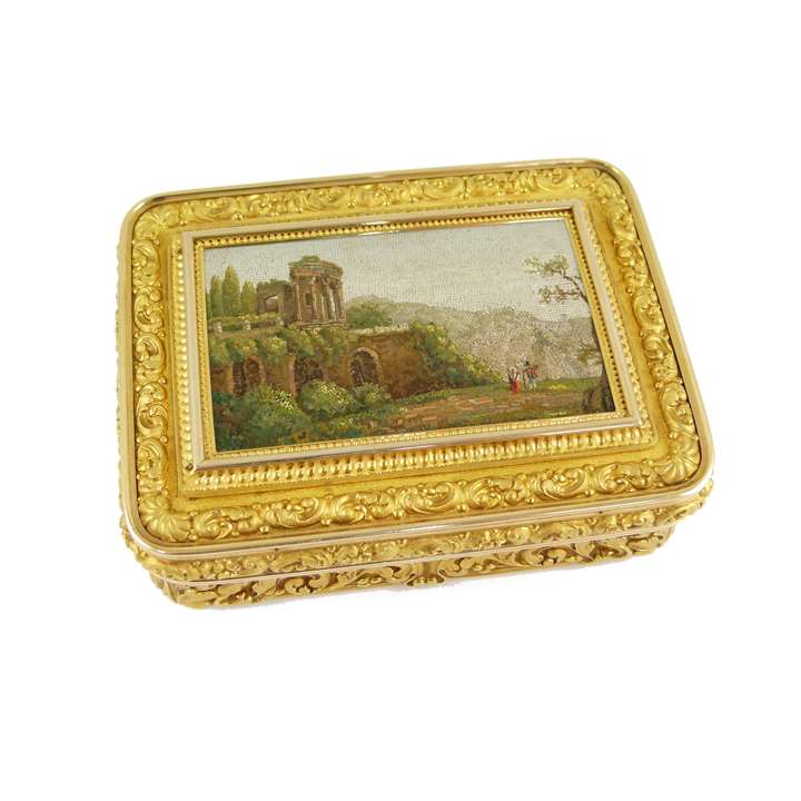 19th century chased rectangular gold box mounted with a micromosaic of the Temple of Vesta at Tivoli, the box